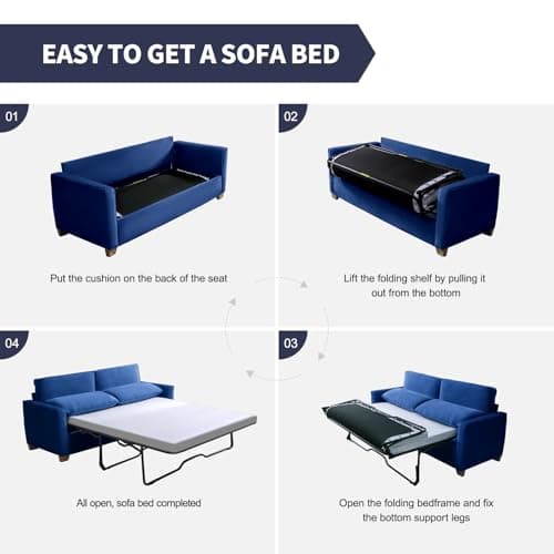 ZAFLY 77" Pull Out Sofa Bed, Memory Foam Mattress - Blue