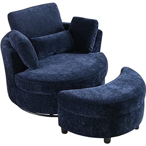40" Modern Black Swivel Chair with 360° Metal Base & Plush Pillows, Thick Cushion, Living Room & Bedroom Accent (Black)