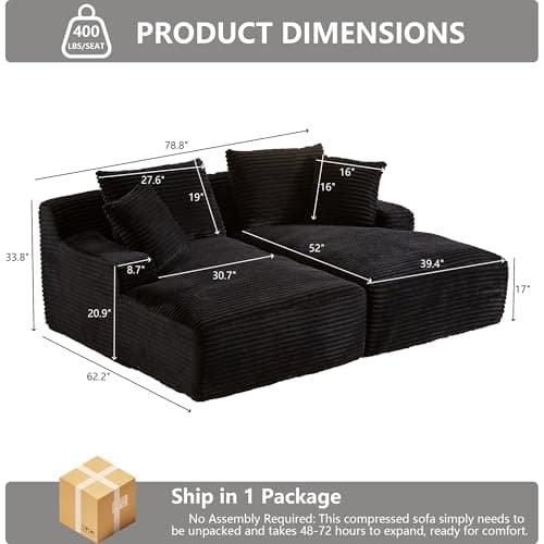 8 Foot Oversized Boneless Chaise Lounge Sofa, Modern Compressed Corduroy Living Room Couch