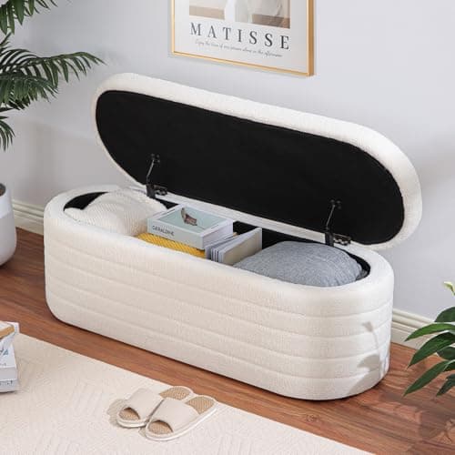 Oval White Sherpa Upholstered Storage Bench for Living Room Bed Entryway