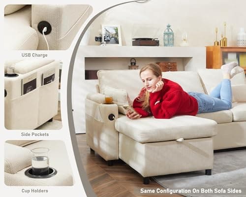DURASPACE Beige 2-in-1 Sectional Sleeper Sofa with Storage and USB