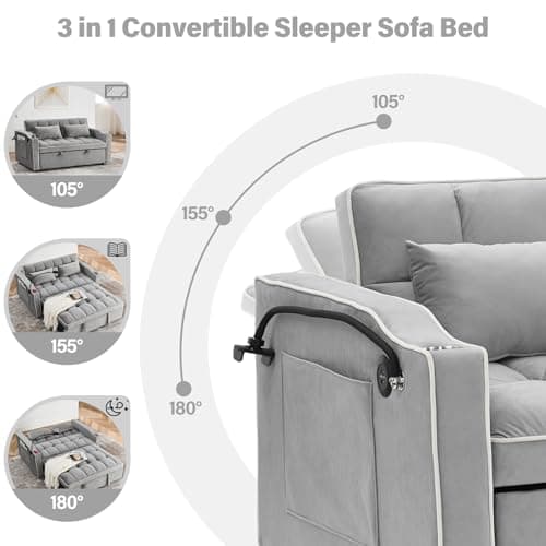3-in-1 Velvet Convertible Sofa Bed with Storage & USB Port, Gray