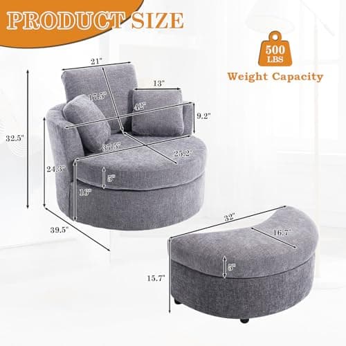 JEEOHEY Grey Oversized Swivel Chair with Storage Ottoman, 42" Chenille Round Armchair