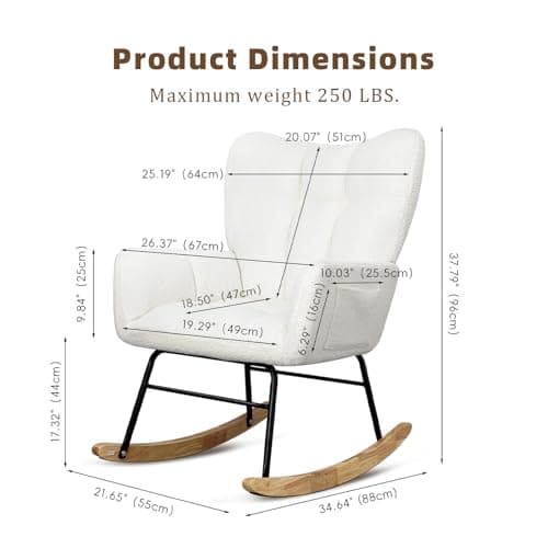 Beige Teddy Upholstered Rocking Chair with High Backrest for Bedroom & Living Room