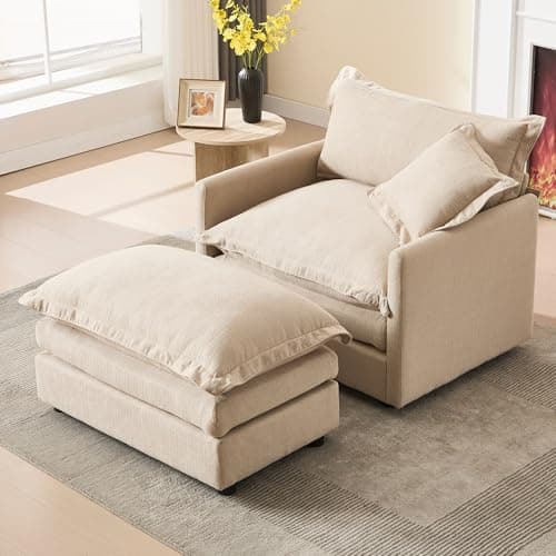 Linen White Oversized Chaise Lounge Chair with Ottoman for Living Room, Bedroom, Office