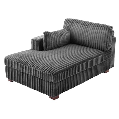 Gray Oversized Corduroy Chaise Lounge with Right Armrest & Cushy Recliner Couch - Solid Wood Solid Cover