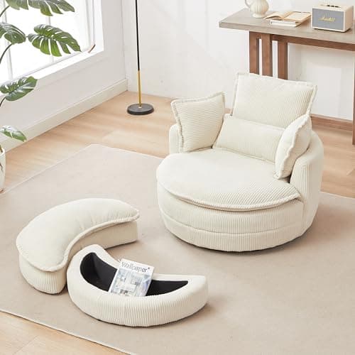 Oversized Grey Swivel Chair with Moon Ottoman & 4 Pillows