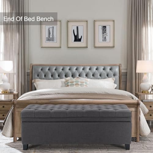 Dark Grey 50 Inch Storage Ottoman with Tufted Bench and Wood Legs