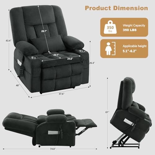 Electric Large Lift Recliner Sofa with Massage & Heat (Grey)