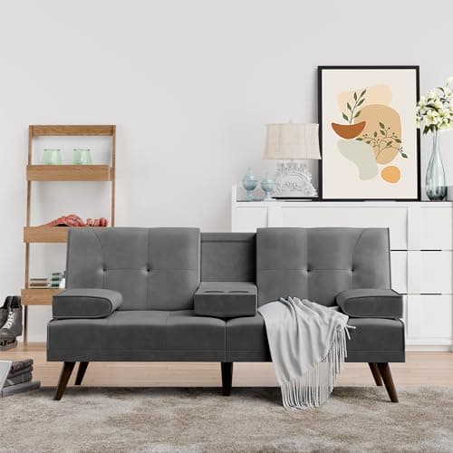 Shintenchi Dark Gray Velvet Reclining Sofa Bed with Foldable Arms
