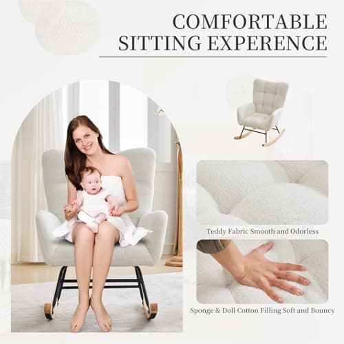 Teddy Upholstered Glider Rocking Chair with High Backrest, Armrest & Side Pockets