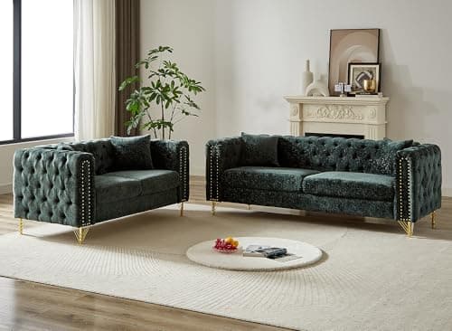 Mid Century Modern Chenille Button Tufted Loveseat + Couch Set (Black)