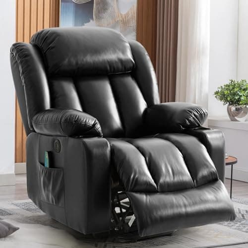Electric Recliner Chair with Massage & Heat, Cup Holders, Remote Control, USB, Side Pockets, Leather (Beige)