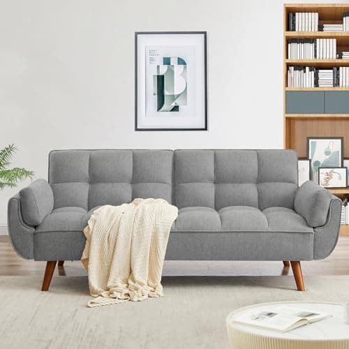 Golden Yellow Convertible Futon Sofa Bed, Linen 75" W 3 Seater with Adjustable Backrests