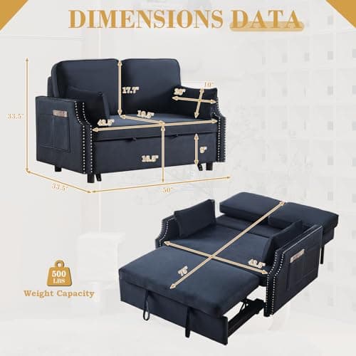 Convertible Sleeper Sofa Bed with Velvet Upholstery & Side Pocket.