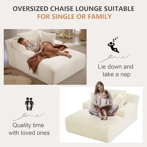 Oversized Chaise Lounge Chair in White for Living Room or Bedroom