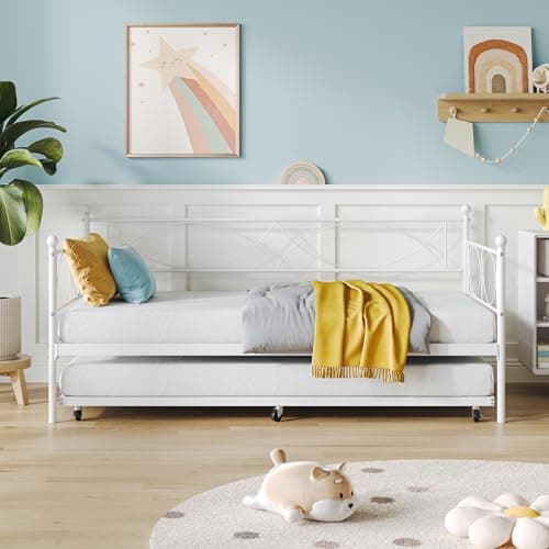 IDEALHOUSE Metal Twin Daybed with Trundle, Multifunctional Bed Frame