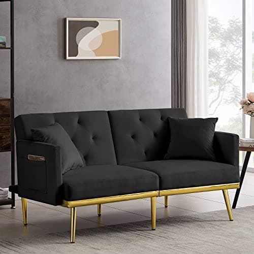 JEEOHEY Futon Sofa Bed with Pillows, Small Loveseat for Living Room, Black