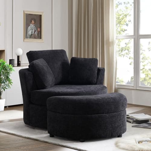 Oversized Black Swivel Accent Chair with Half Moon Ottoman for Nursery, Living Room, and Bedroom