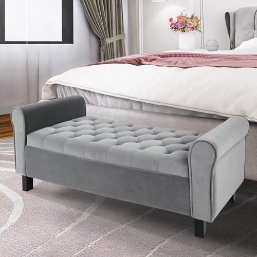 TY ARTS & CULTURE Large Gray Velvet Storage Bench for Bedroom & Entryway