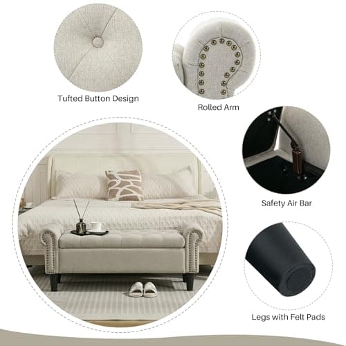 Light Brown Linen Tufted Storage Bench with Rolled Arms & Ottoman, 50" Queen End of Bed Bench