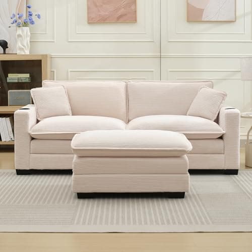 KIVENJAJA Beige Corduroy Cloud Sectional Couch, 82.7"W, Modular Loveseat with Ottoman & USB Port