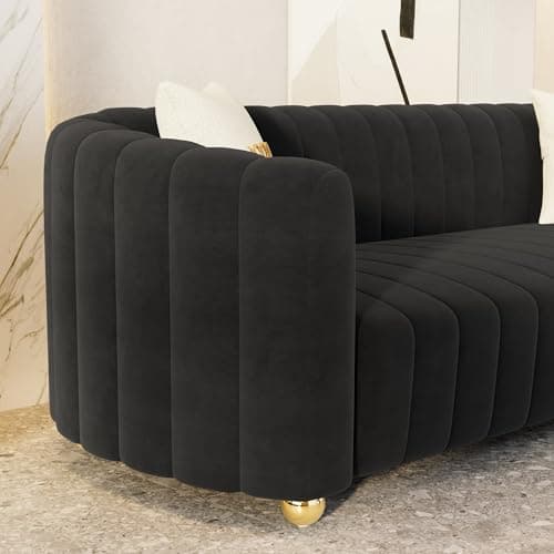 Modern 83.46" Curved Black Velvet Sofa with Gold Legs, 3-Seater for Living Room & Bedroom