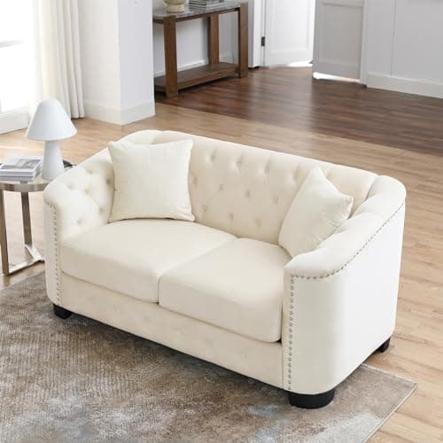 JEEOHEY Velvet Chesterfield Sofa, Oversized Loveseat with Button Nailhead Beige