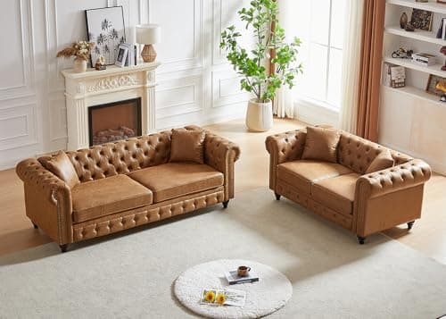 Mid Century Modern Button Tufted Loveseat & 3 Seater Brown Couch Set