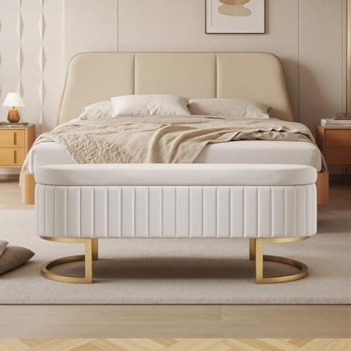 50" Velvet Ottoman Bench, Gold Legs, 300lb Seat, Ivory End Table Bench