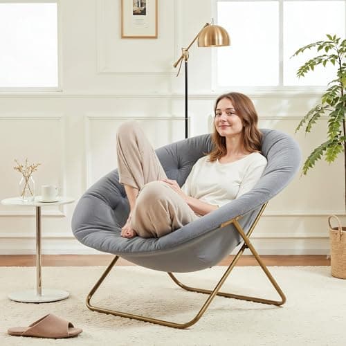 YSSOA Grey Foldable Saucer Chair, Comfortable Faux Fur for Adults & Teens