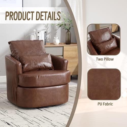 Brown PU Ergonomic Swivel Barrel Chair with Dual Pillow Support