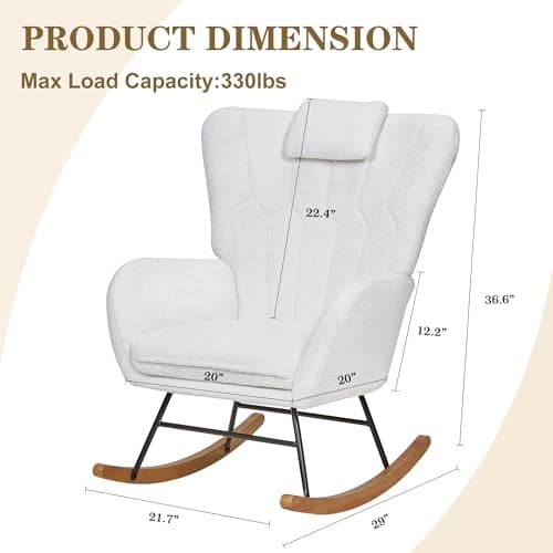 VECELO Thick Headrest Reading Glider Rocker with Side Pocket, White