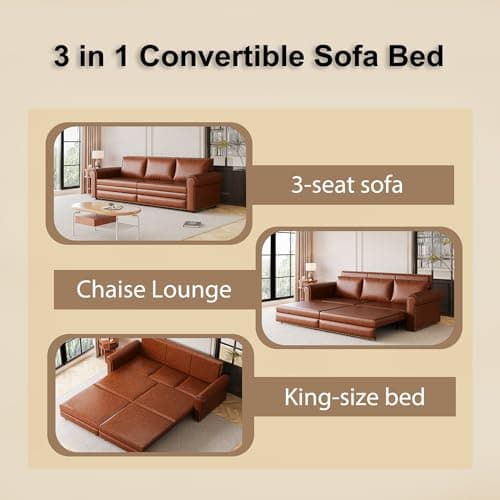 Light Brown 93.7" 3-in-1 Recliner Sleeper Sofa Bed, Faux Leather Office Living Room