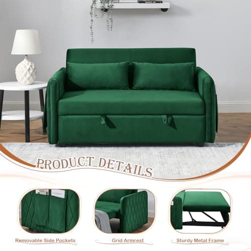 Convertible Sleeper Sofa Couch with Pull Out Bed, 55 Modern Velvet Sofa Bed with Adjustable Backrest & Side Pocket in Green