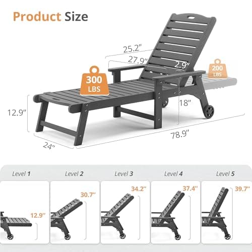 LUE BONA Dark Gray 79'' Oversized 5 Positions Poolside Chaise Lounge Chair Set