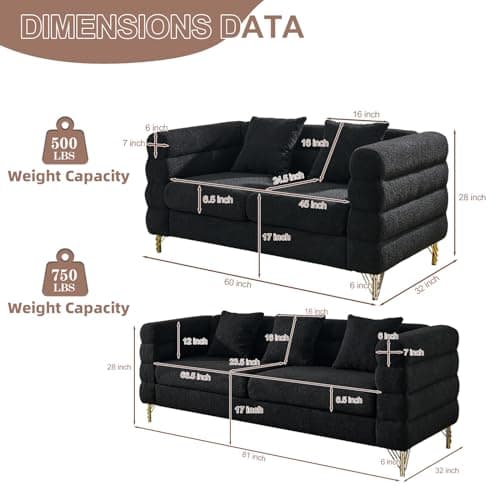 Modern Oversize 2-Piece Sofa Set in Black Bouclé Cloud Fabric