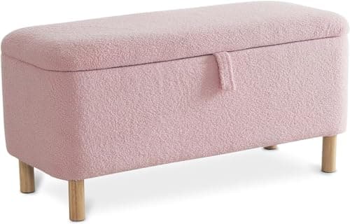 Pink Sherpa Upholstered Boucle Storage Ottoman for Bedroom Entryway