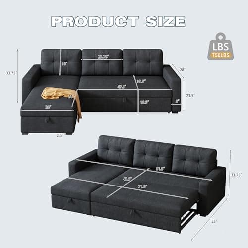 L-Shape Reversible Sleeper Sofa Bed with Storage & Removable Cushions
