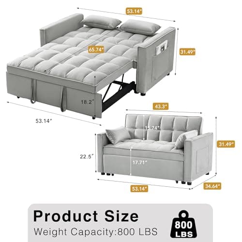 3-in-1 Convertible Living Room Couch Bed, Grey Velvet Fabric | Side Pocket & Adjustable Backrest