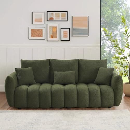 Oversized Green Sherpa Tufted 3 Seater Sofa, Teddy Bouclé Cushions