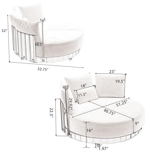 Grey 52.75" Oversized Round Swivel Couple Chair, 360° Rotate, Polyester Wood Construction