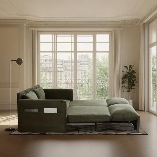 3-in-1 Corduroy Green Pullout Couch Bed with Side Pockets