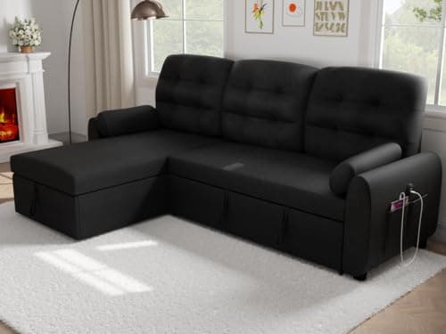 Ucloveria 87" Sleeper Sectional with Reversible Chaise & Storage, Black Linen Couch