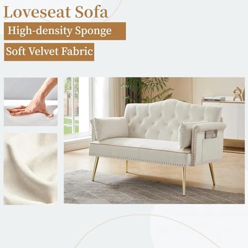 Beige Velvet Loveseat with Gold Legs, 55-inch Tufted Backrest Living Room Couch