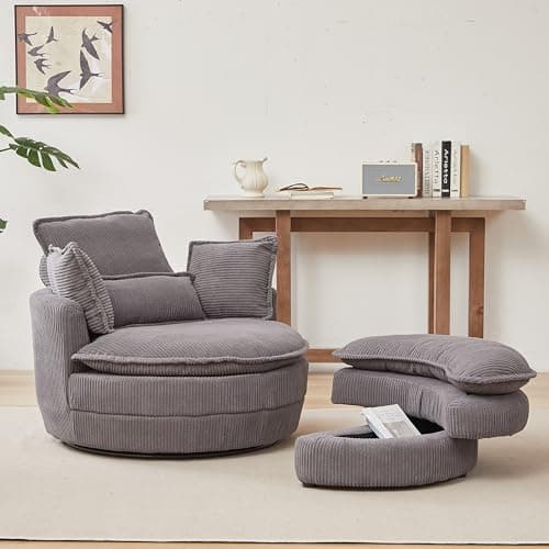 38" Oversized Swivel Chair with Moon Storage Ottoman, Modern Grey Living Room Sofa