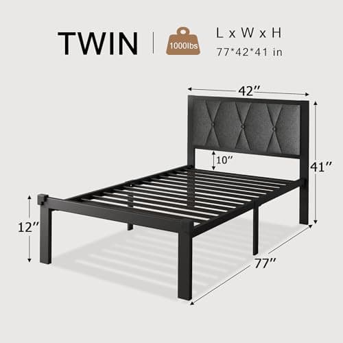 Twin Size Metal Bed Frame with Tufted Headboard and Underbed Storage, Easy Assembly, Noise-Free, Dark Grey