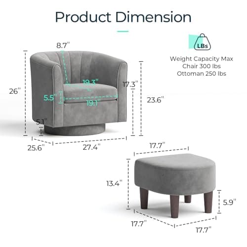 LINSY Gray Velvet Swivel Chair with Ottoman, Modern Comfy Living Room Armchair