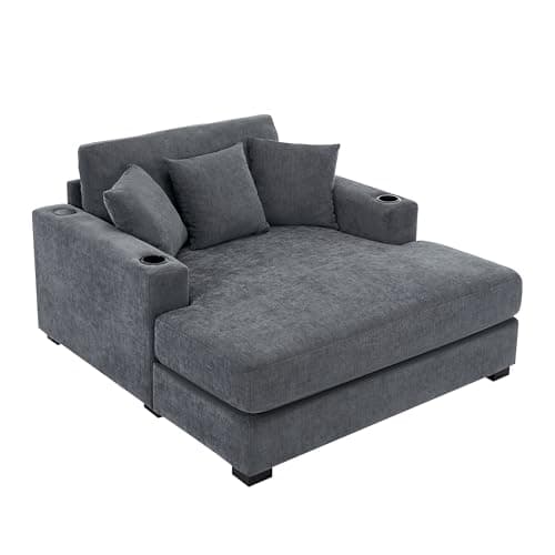 Blue-gray 55" Oversized Chaise Lounger with Chenille Fabric, Pillows, Charge Station & Cup Holders