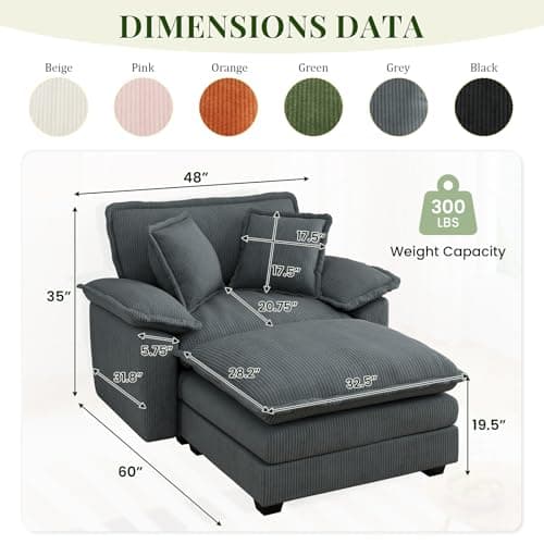 Comfy Grey Corduroy Chaise Lounge Chair with Ottoman